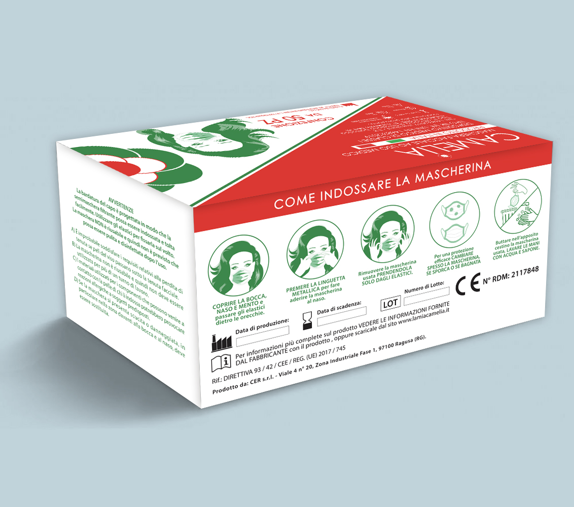 scatola di mascherine prodotte in Italia